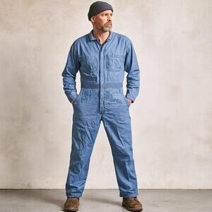 Men’s XL Blue Workwear Coveralls USA Made 100% Cotton Velcro Front 32” Inseam